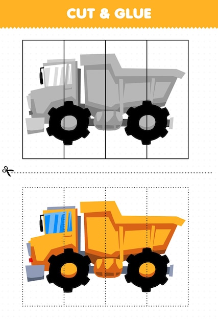 Вектор Образовательная игра для детей «вырежи и склей» с мультяшным транспортным самосвалом