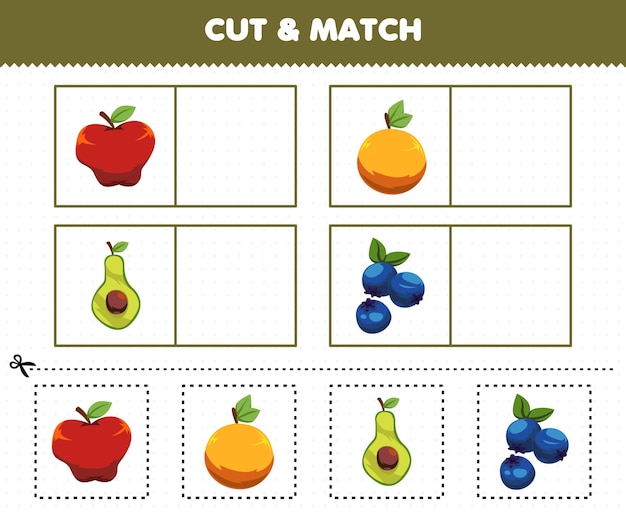 子供のための教育ゲームは、漫画のフルーツアップルオレンジアボカドブルーベリーの印刷可能なワークシートの同じ絵をカットして一致させます