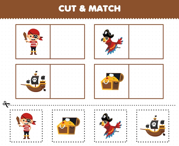 Образовательная игра для детей: вырежьте и сопоставьте одинаковые изображения милого мультяшного попугая, сундук с сокровищами, корабль, пиратский костюм, лист для печати на хэллоуин
