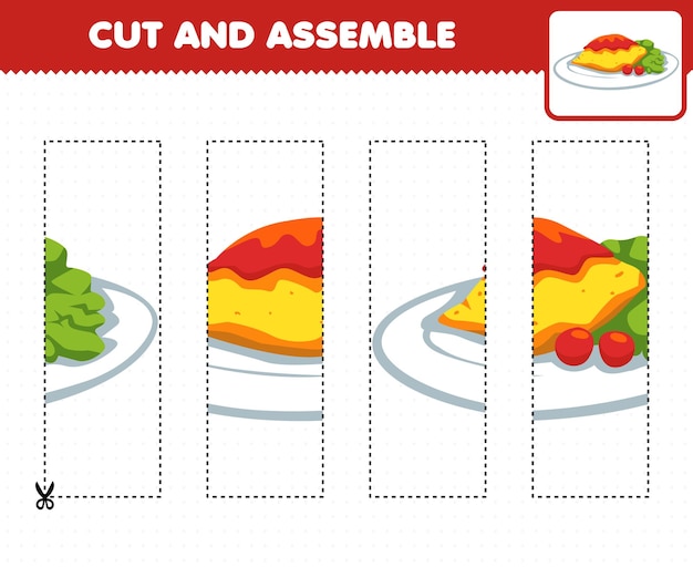 벡터 어린이를 위한 교육 게임 절단 연습 및 만화 음식 오믈렛으로 퍼즐 조립