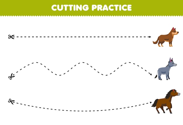 귀여운 만화 개 당나귀 말 인쇄용 동물 농장 워크시트로 어린이 절단 연습을 위한 교육 게임