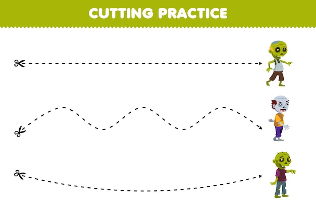 귀여운 만화 좀비 의상 할로윈 인쇄용 워크시트로 어린이 절단 연습을 위한 교육 게임