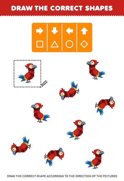 Вектор Образовательная игра для детей нарисуйте правильную форму в соответствии с направлением милого мультяшного попугая, распечатываемого листа с изображением животных