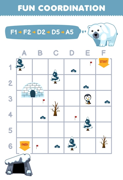 아이들을 위한 교육 게임은 좌표에 따라 길을 그려 북극곰이 인쇄 가능한 겨울 워크시트로 이동할 수 있도록 도와줍니다.