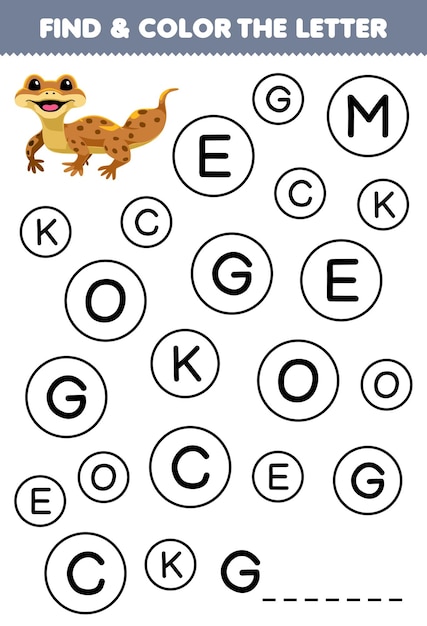 Вектор Образовательная игра для детей найти и окрасить букву g для гекко печатный лист для домашних животных