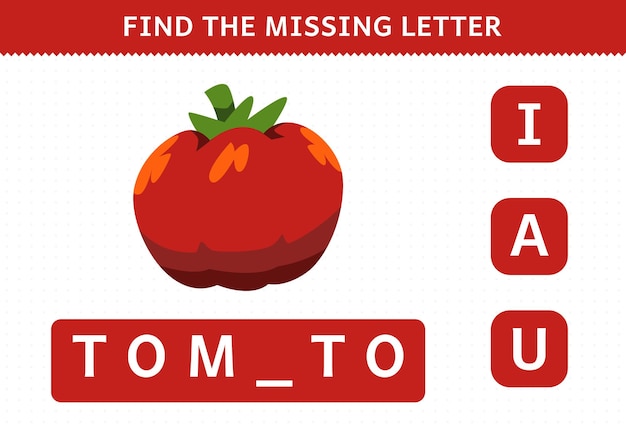 어린이를 위한 교육 게임은 누락된 편지 귀여운 만화 야채 토마토 워크시트를 찾습니다.