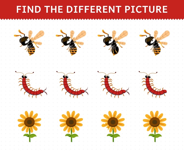 벡터 어린이를 위한 교육 게임은 귀여운 만화 꿀벌 지네 해바라기 인쇄 가능한 버그 워크시트의 각 행에서 다른 그림을 찾습니다.