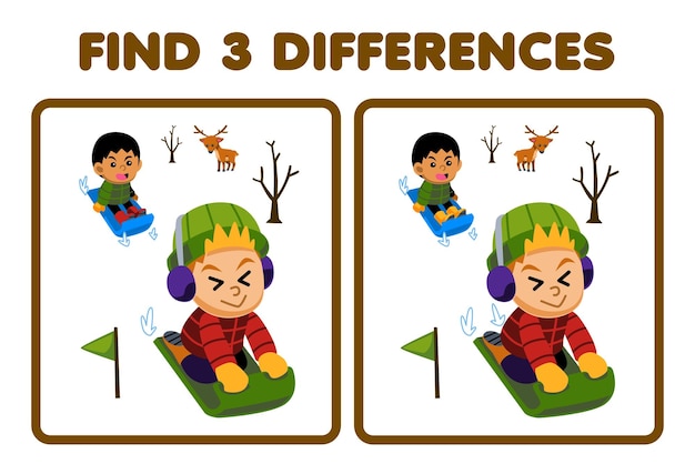 아이들을 위한 교육 게임은 썰매를 타는 두 명의 귀여운 만화 아이들 사이의 세 가지 차이점을 찾습니다 인쇄 가능한 겨울 워크시트