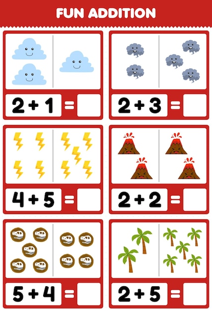 귀여운 만화 구름 연기 천둥 화산 화석 나무 인쇄 가능한 자연 워크시트의 계산 및 합으로 어린이 재미를 위한 교육 게임