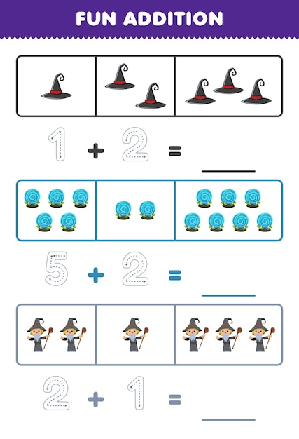 귀여운 만화 모자 마술 구 마법사 인쇄용 할로윈 워크 시트의 수를 세고 추적하여 어린이를위한 교육 게임 재미 추가