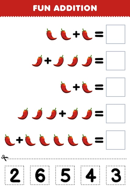 Образовательная игра для детей, веселое добавление путем вырезания и сопоставления правильного числа для мультяшного листа с овощами чили для печати