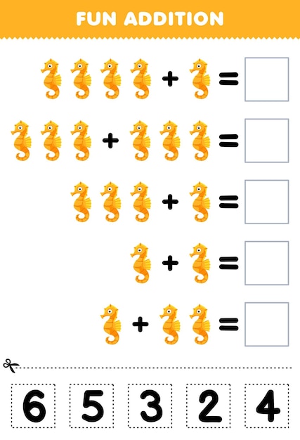 귀여운 만화 해마 인쇄 가능한 수중 워크시트에 대한 정확한 숫자를 자르고 일치시켜 어린이를 위한 재미있는 교육 게임 추가