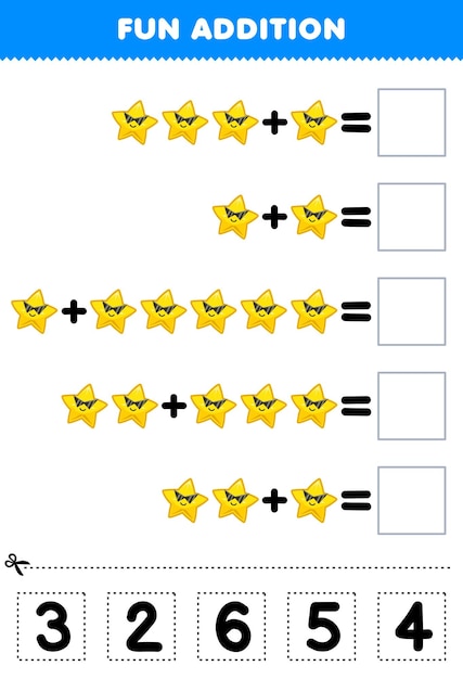 귀여운 만화 별 인쇄 가능한 태양계 워크시트에 대한 올바른 숫자를 잘라내어 일치시켜 어린이를 위한 교육 게임 재미 추가