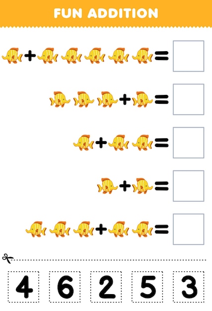 귀여운 만화 노란 물고기 동물 인쇄용 워크 시트에 대한 올바른 숫자를 잘라내어 일치시켜 어린이를위한 교육 게임 재미 추가