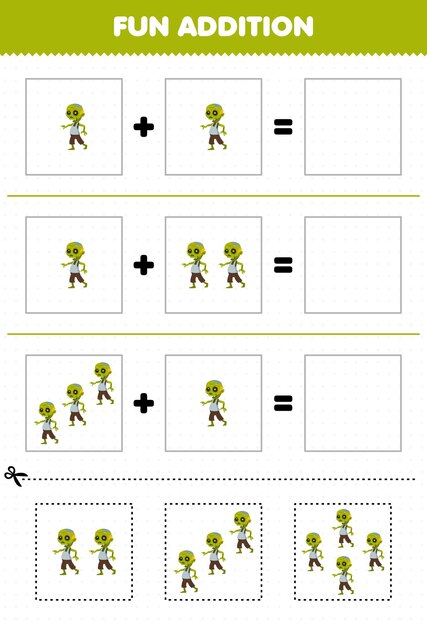 ハロウィーンの印刷可能なワークシートのためのかわいい漫画の緑のゾンビの写真のカットとマッチによる子供たちの楽しい追加のための教育ゲーム