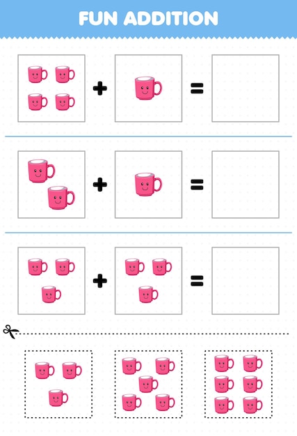 인쇄 가능한 도구 워크시트를 위한 귀여운 만화 머그 그림을 자르고 매치하여 어린이를 위한 교육 게임 재미 추가