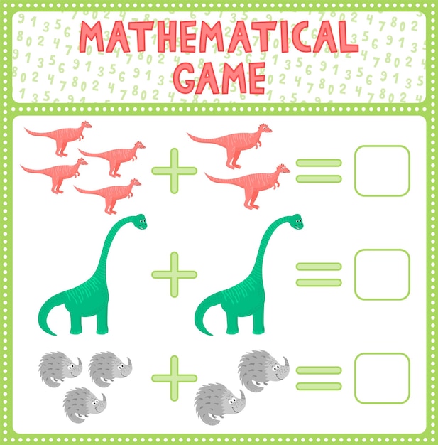 귀여운 만화 공룡 인쇄의 정확한 수를 추측하여 어린이 재미 추가를위한 교육 게임