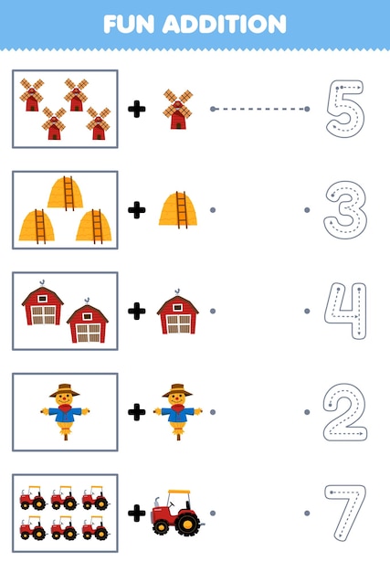 어린이를 위한 교육 게임 만화 풍차 건초 더미 헛간 허수아비 트랙터를 추가한 다음 라인 농장 워크시트를 추적하여 올바른 번호를 선택합니다.