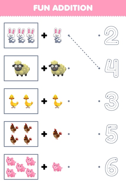 아이들을 위한 교육 게임은 재미있는 숫자를 세고 귀여운 만화 농장 동물을 한 마리 더 추가한 다음 라인 워크시트를 따라 정확한 숫자를 선택합니다.