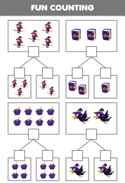 어린이를위한 교육 게임 귀여운 만화 까마귀 가마솥 책 마녀 의상 할로윈 인쇄용 워크 시트의 각 상자에 그림을 세는 재미