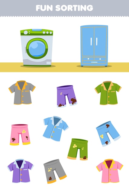 ベクトル きれいなまたは汚れたパジャマ ウェアラブルな服を洗濯機または食器棚の印刷可能なワークシートに分類する、子供向けの楽しい教育ゲーム