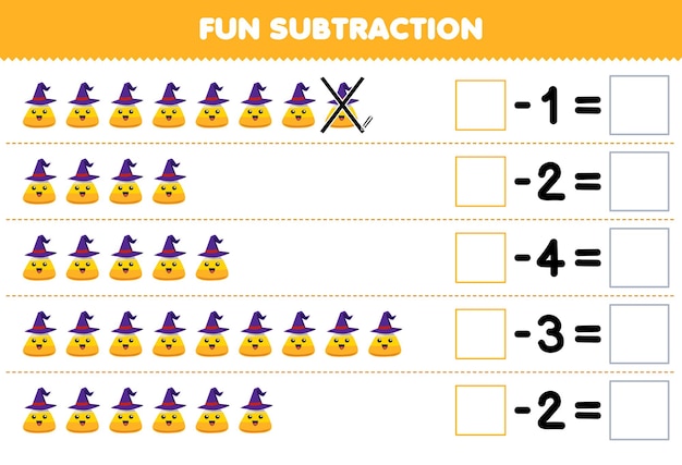 어린이를 위한 교육 게임은 각 행에 있는 귀여운 만화 노란색 옥수수 사탕을 세고 인쇄 가능한 할로윈 워크시트를 제거하여 뺄셈을 재미있게 합니다.