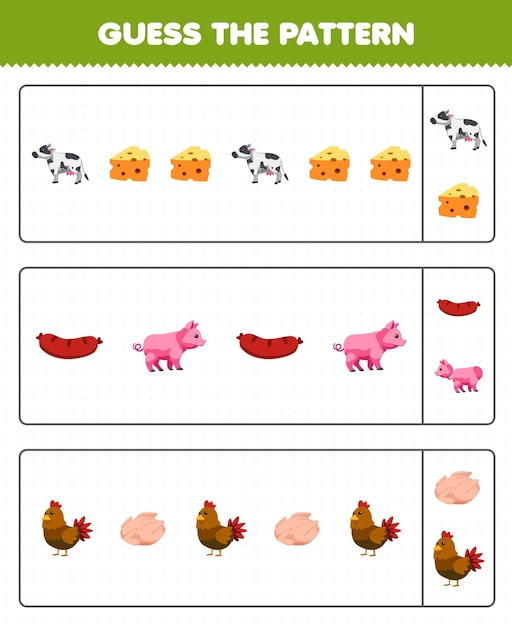 어린이를 위한 교육 게임은 귀여운 만화 치즈 소 소시지 돼지 닭고기 인쇄용 농장 워크시트에서 각 행의 패턴을 추측합니다.