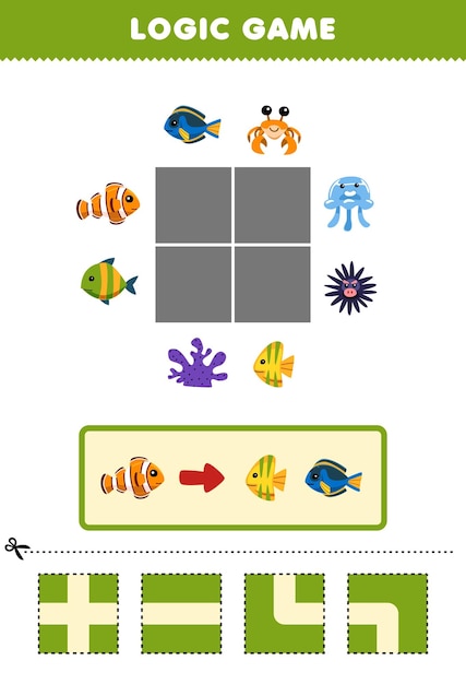 子供向けの教育ゲーム 論理パズル オレンジ色の魚の道を作る 別の魚に移動する 印刷可能な水中ワークシート