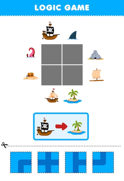 Образовательная игра для детей, логическая головоломка, построй дорогу для перехода корабля на остров, пиратский лист для печати