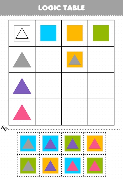 子供のための教育ゲーム論理テーブル幾何学的形状正方形と三角形の印刷可能なワークシート