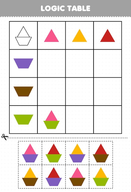 子供のための教育ゲーム論理テーブル幾何学的形状の三角形と台形の印刷可能なワークシート