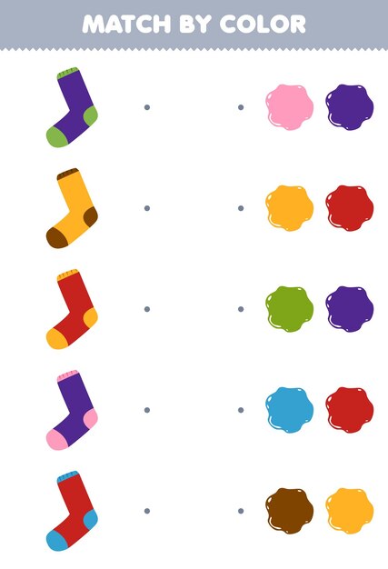 Вектор Образовательная игра для детей, подбирающая по цвету милый мультяшный носок, пригодный для печати рабочий лист одежды