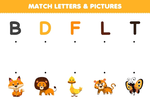 Образовательная игра для детей: буквы и картинки милого мультфильма: лиса, лев, утка, тигр, бабочка, лист для печати с животными