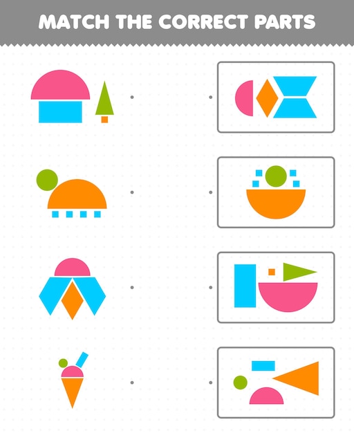 Вектор Образовательная игра для детей: сопоставьте правильные части геометрических фигур 3 квадрата, треугольника, трапеции, круга, ромба, прямоугольника, лист для печати