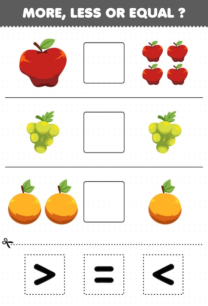 Образовательная игра для детей больше меньше или равно посчитайте количество мультяшных фруктов яблоко виноград апельсин затем вырежьте и приклейте правильный знак
