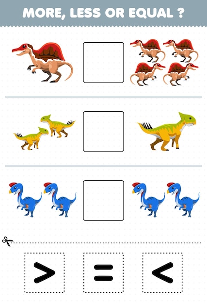 어린이를 위한 교육 게임은 만화 선사 시대 공룡 스피노사우루스 렙토케라톱스 오비랍토르의 양을 더 많거나 같게 계산한 다음 올바른 기호를 자르고 붙입니다.