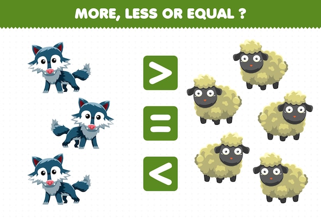 Образовательная игра для детей больше меньше или равно подсчитайте количество милых мультяшных животных волков и овец