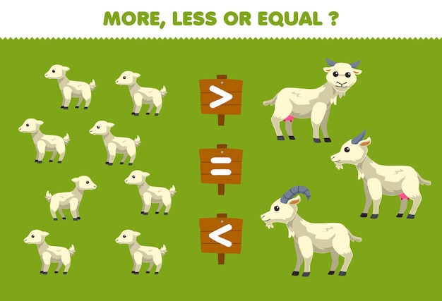 Образовательная игра для детей больше меньше или равно подсчитайте количество милых мультяшных коз и ягнят для печати на ферме.