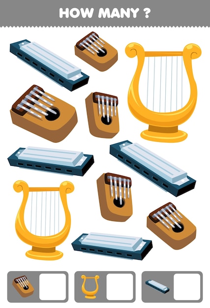 Вектор Образовательная игра для детей: поиск и подсчет предметов, мультяшный музыкальный инструмент, калимба, лира, губная гармошка, лист для печати