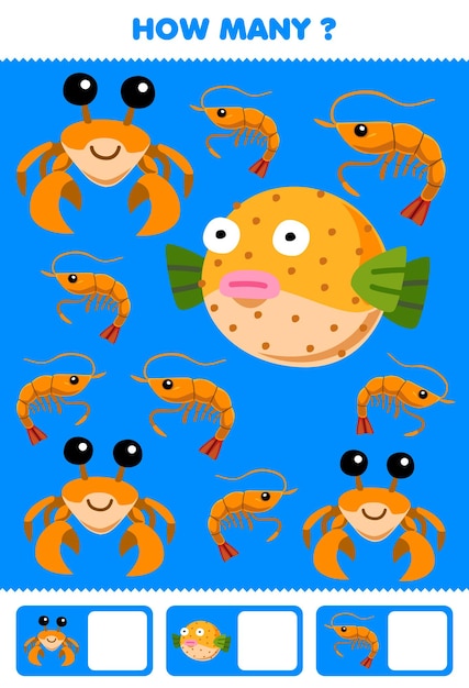 귀여운 만화 새우 게 퍼핀 물고기 인쇄 가능한 수중 워크시트의 사진 수를 검색하고 계산하는 어린이를 위한 교육 게임