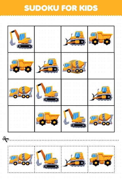 만화 노란색 무거운 기계 교통 사진과 함께 아이들을위한 어린이 스도쿠를위한 교육 게임