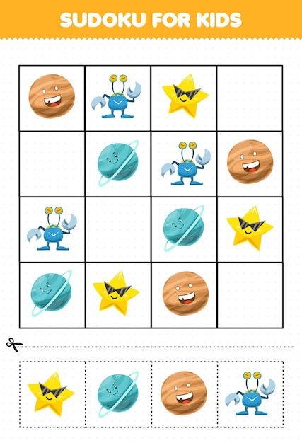 귀여운 만화 태양계 행성 천왕성 별 외계인 사진과 함께 아이들을위한 어린이 스도쿠를위한 교육 게임