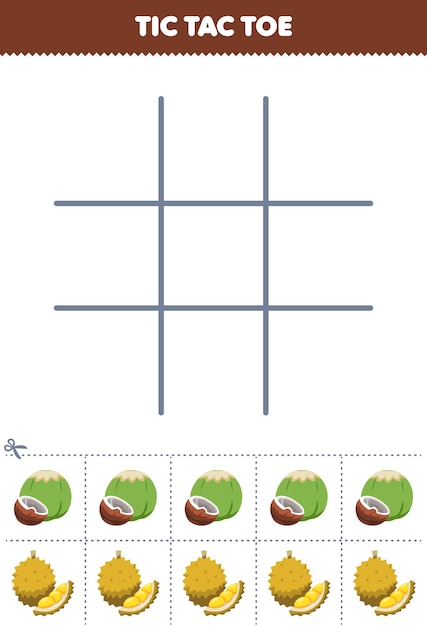 Вектор Развивающая игра для детей, набор в крестики-нолики с милым мультяшным изображением кокоса и дуриана, распечатанный лист с фруктами