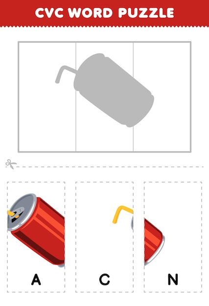 Образовательная игра для детей, чтобы узнать cvc слово, выполнив головоломку милый мультфильм безалкогольный напиток может изобразить печатный рабочий лист