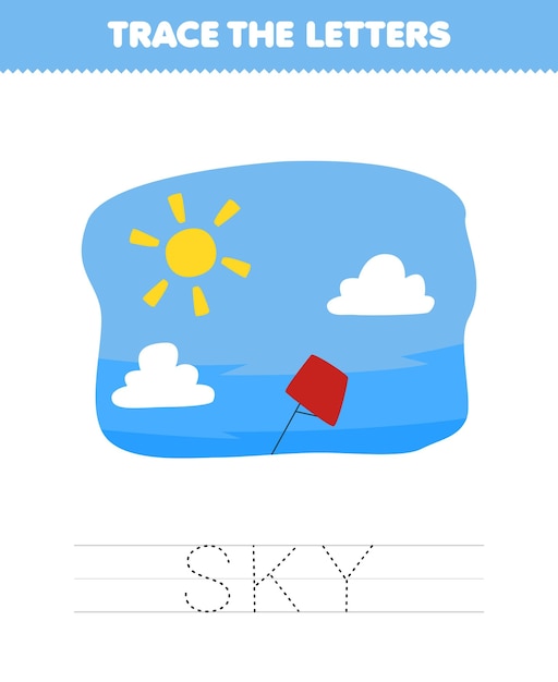 어린이를 위한 교육 게임은 귀여운 만화 하늘 인쇄 가능한 자연 워크시트의 편지를 추적합니다.