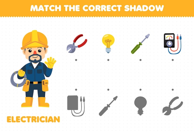 Education games for children match the correct shadow of set profession stuff for cute cartoon electrician printable worksheet