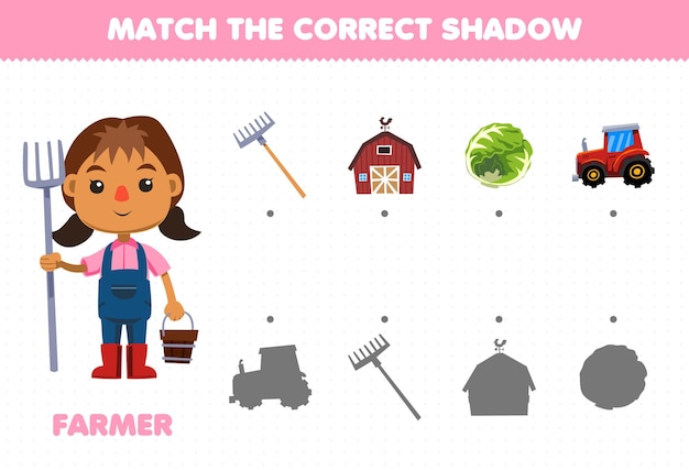 Education games for children match the correct shadow of set profession stuff for cute cartoon farmer printable worksheet