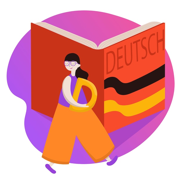 ベクトル 教育、ドイツ語オンラインコース。若い人たちは勉強しています。教育クラス。ドイツの旗。