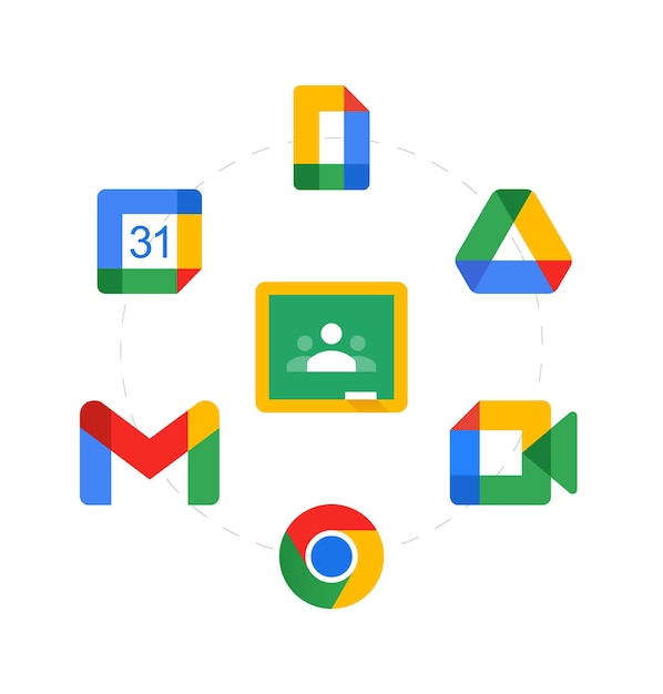 Vector education google icons set. google class, drive, gmail, calendar, meet, chrome