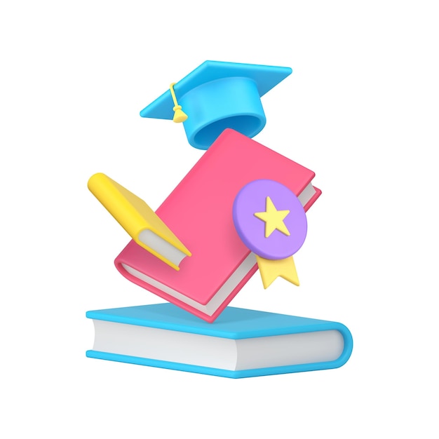 Vector education graduation academic learning knowledge book cap and medal award 3d icon realistic vector